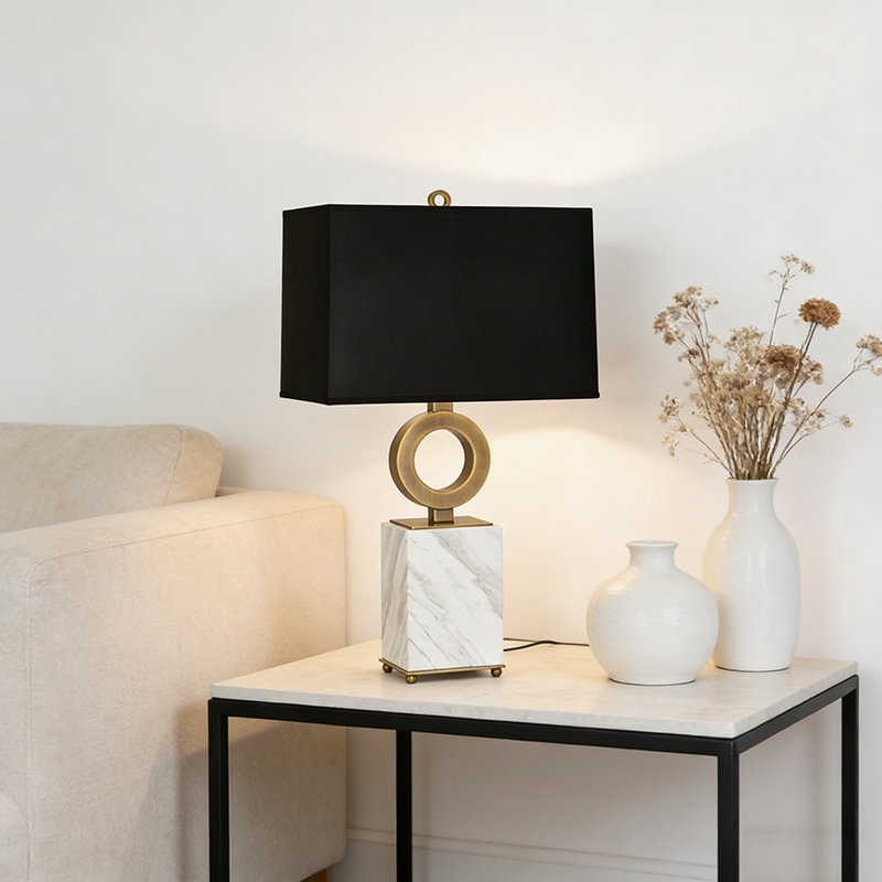 Modern Minimalist Marble & Iron Table Lamp With Fabric Shade - Image 6