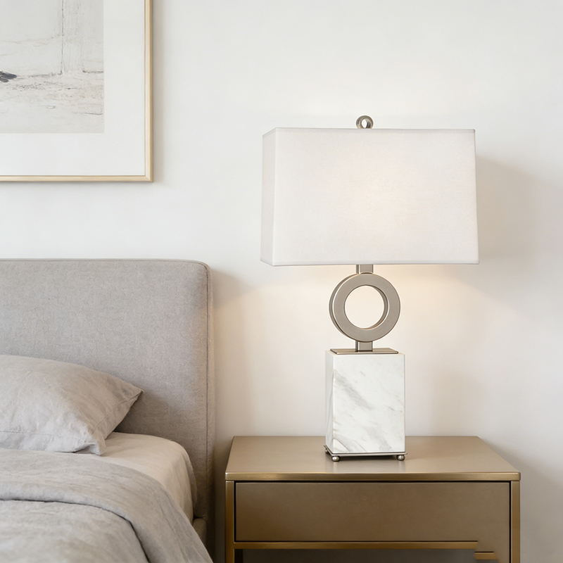 Modern Minimalist Marble & Iron Table Lamp With Fabric Shade - Image 9