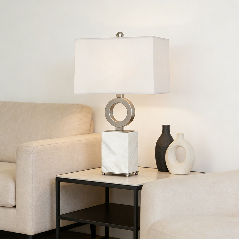 Modern Minimalist Marble & Iron Table Lamp With Fabric Shade - Image 10