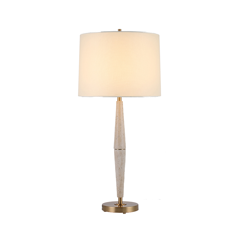 Contemporary Travertine & Iron Table Lamp With Fabric Shade - Image 3