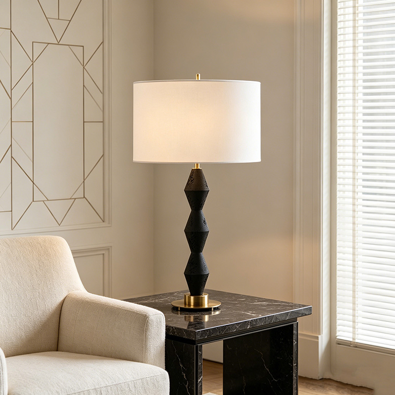 Contemporary Geometric Iron & Resin Table Lamp With Fabric Shade