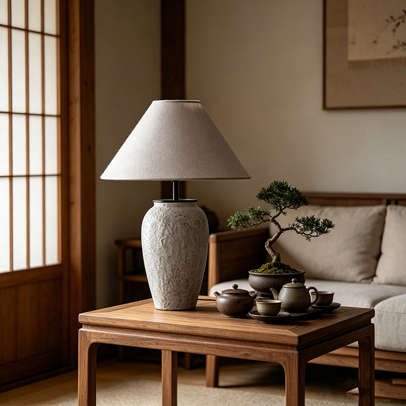 Wabi-Sabi Textured Speckled Ceramic Desk Lamp With Linen Shade And Metal Accents