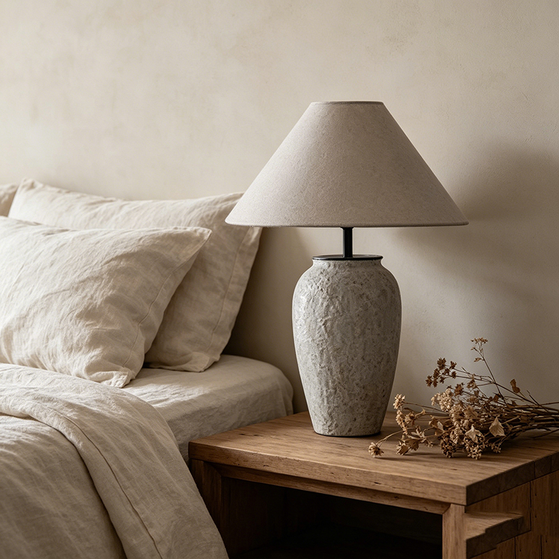 Wabi-Sabi Textured Speckled Ceramic Desk Lamp With Linen Shade And Metal Accents - Image 2