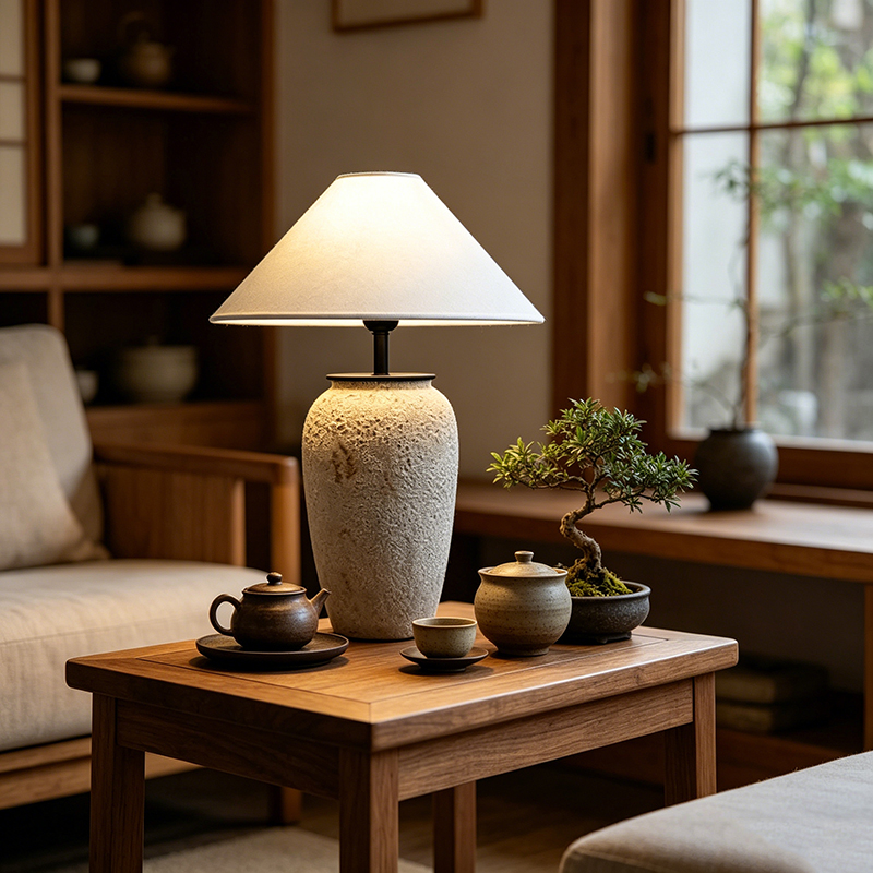 Wabi-Sabi Textured Speckled Ceramic Desk Lamp With Linen Shade And Metal Accents - Image 5