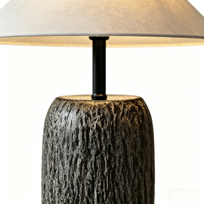 Wabi-Sabi Textured Linear Black Ceramic Desk Lamp With Linen Shade And Metal Accents - Image 2