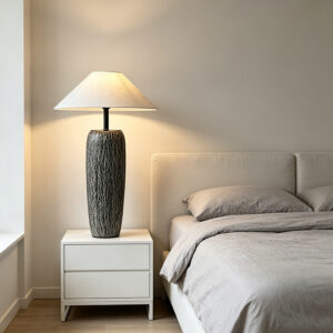 Wabi-Sabi Textured Linear Black Ceramic Desk Lamp With Linen Shade And Metal Accents
