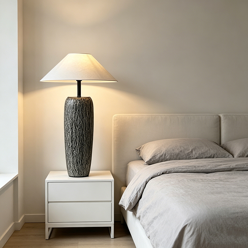 Wabi-Sabi Textured Linear Black Ceramic Desk Lamp With Linen Shade And Metal Accents