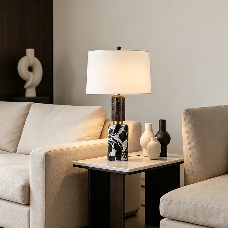Modern Bold Iron, Black-White Marble And Fabric Drum Shade Table Lamp