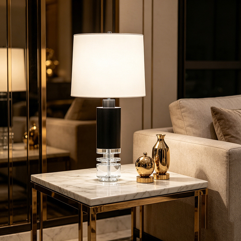 Modern Contemporary Iron And Crystal Table Lamp With Drum Fabric Shade
