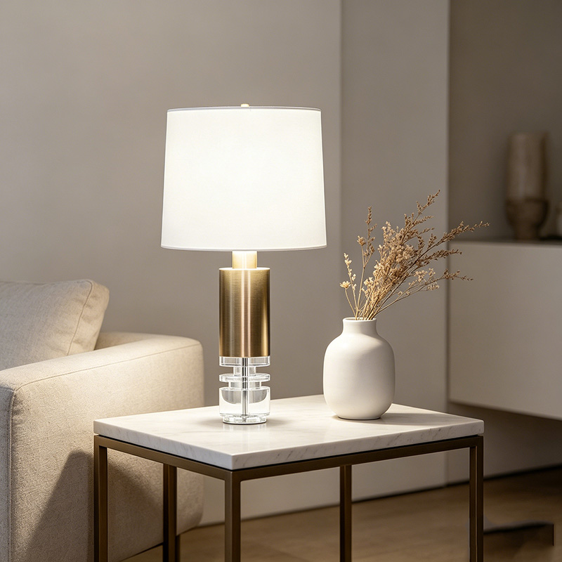 Modern Contemporary Iron And Crystal Table Lamp With Drum Fabric Shade - Image 4