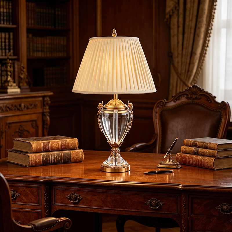 Regal Vintage Gold Brass And Crystal Table Lamp With Pleated Fabric Shade