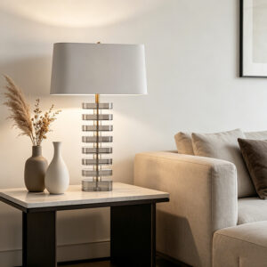 Contemporary Stacked Iron & Crystal Table Lamp With Fabric Shade