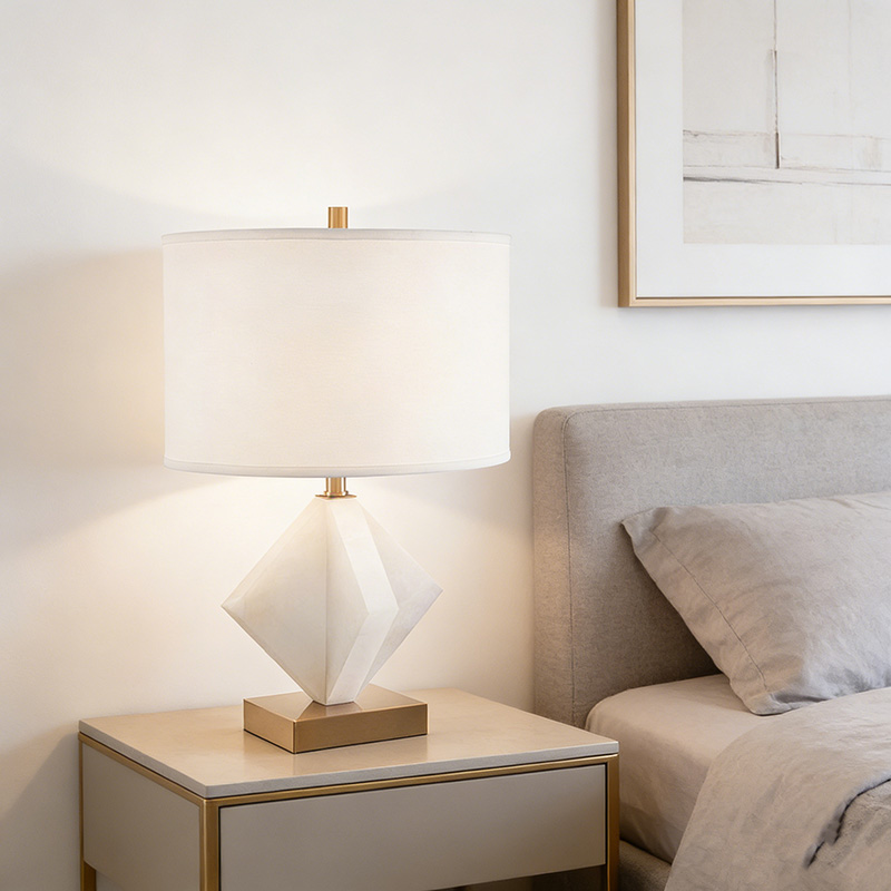 Modern Geometric Iron & Onyx Table Lamp With Fabric Shade