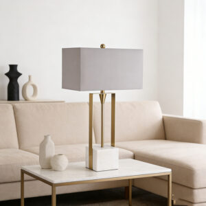 Modern Geometric Iron & Marble Table Lamp With Fabric Shade