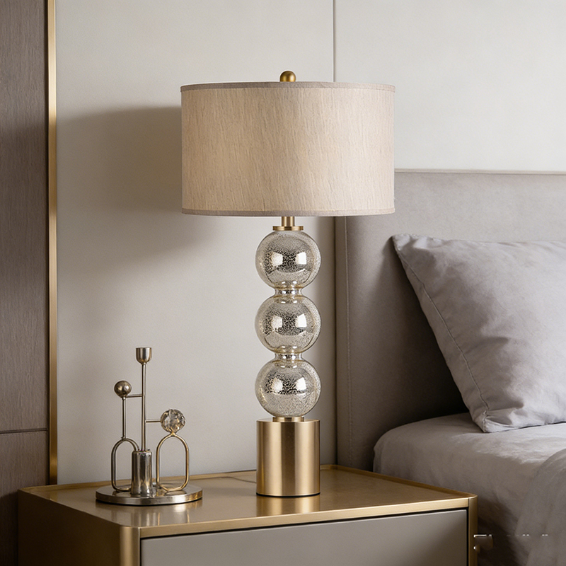 Modern Stacked Iron & Mercury Glass Table Lamp With Fabric Shade
