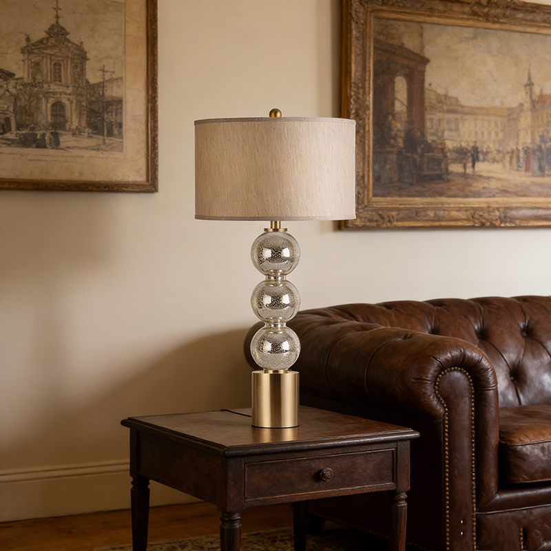 Modern Stacked Iron & Mercury Glass Table Lamp With Fabric Shade - Image 2