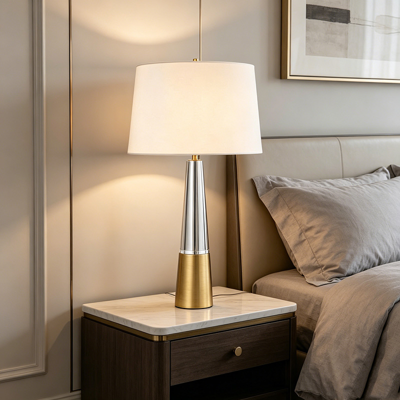 Modern Tapered Iron & Crystal Table Lamp With Fabric Shade