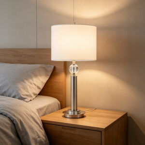 Modern Cylindrical Iron & Crystal Table Lamp With Fabric Shade