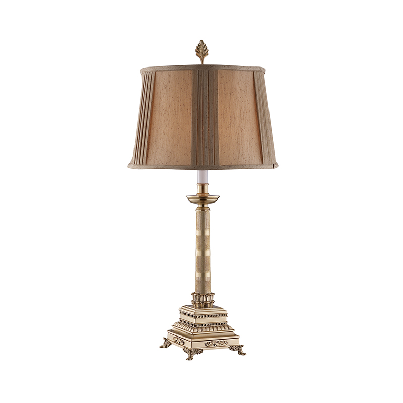 Vintage Distressed Brass Table Lamp With Pleated Red Fabric Shade - Image 6