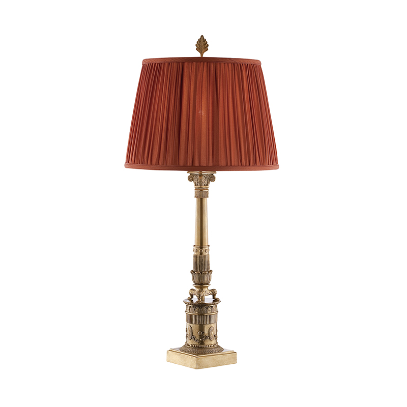 Vintage Distressed Brass Table Lamp With Pleated Red Fabric Shade - Image 3