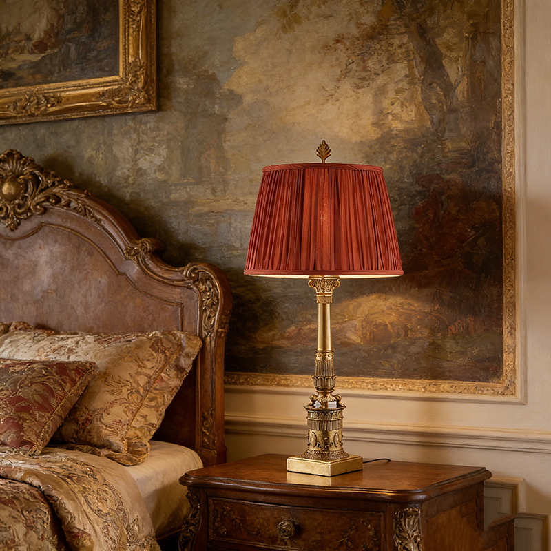 Vintage Distressed Brass Table Lamp With Pleated Red Fabric Shade