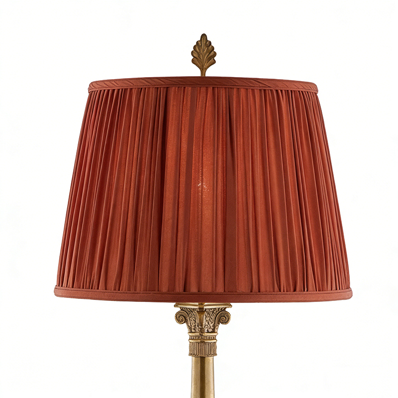 Vintage Distressed Brass Table Lamp With Pleated Red Fabric Shade - Image 2