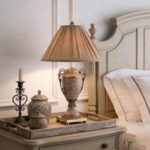 Rustic Vintage Brass And Marble Table Lamp With Pleated Fabric Shade