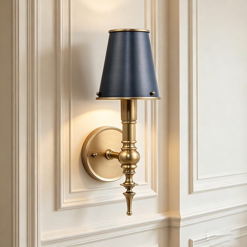 Vintage Classic Antique Brass Wall Sconce With Black Bell Shade - Image 3