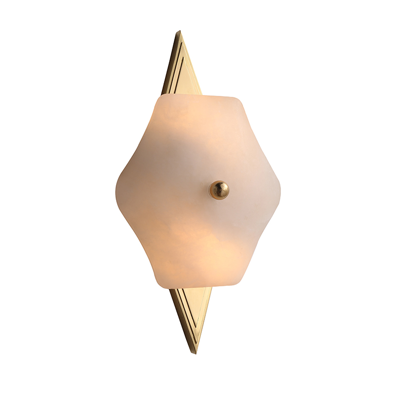 Modern Luxury Brass Wall Lamp With Alabaster Shade & Geometric Backplate - Image 3