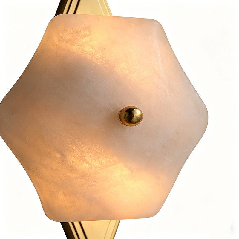 Modern Luxury Brass Wall Lamp With Alabaster Shade & Geometric Backplate - Image 2