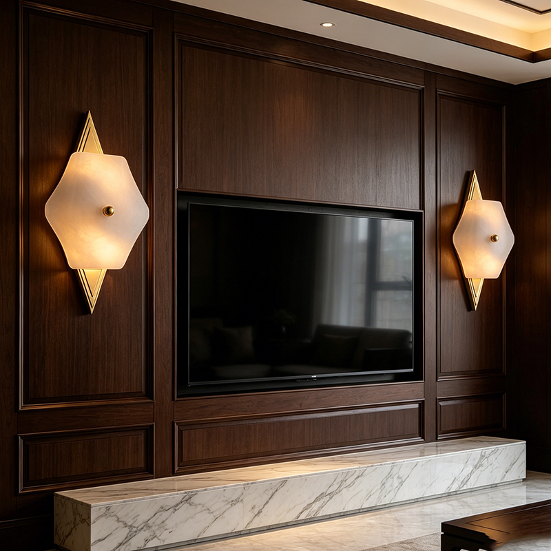 Modern Luxury Brass Wall Lamp With Alabaster Shade & Geometric Backplate
