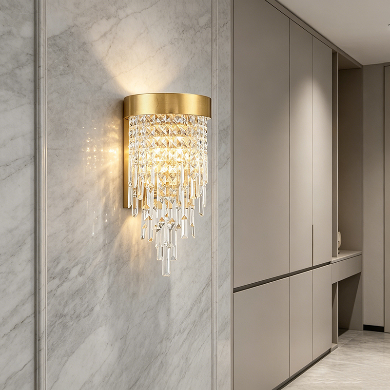 Luxury Tiered Crystal Waterfall Wall Lamp with Warm Gold & Antique Brass Finish