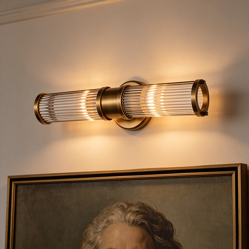 Art Deco Brass & Fluted Glass Bathroom Wall Sconce Trio - Image 8