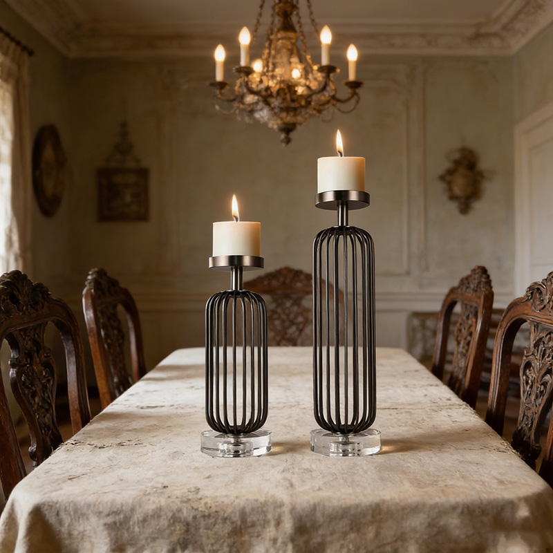 Modern Iron & Crystal Candle Holder Set (Two Finishes)