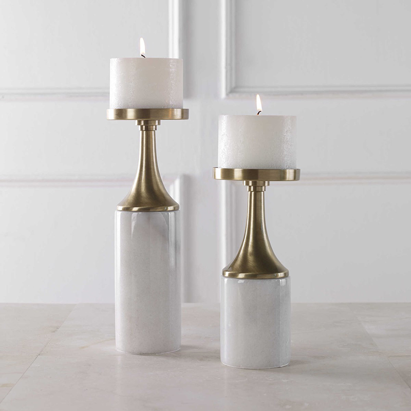 Elegant Marble & Brass-Tone Iron Candle Holder Set - Image 2