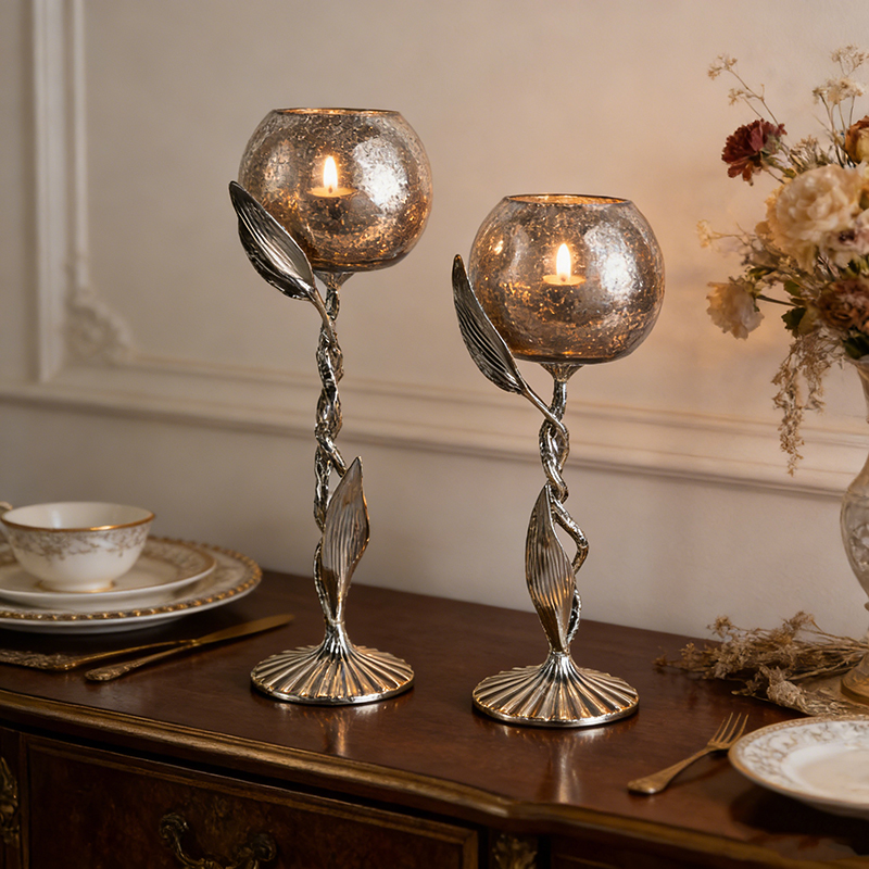 Sleek Zinc Alloy & Clear Glass Candle Holder Set (Two Finishes) - Image 5