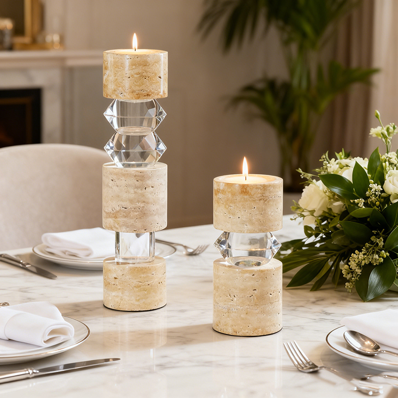 Travertine & Acrylic Geometric Candle Holder Set