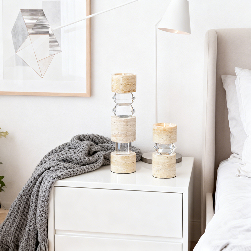 Travertine & Acrylic Geometric Candle Holder Set - Image 3