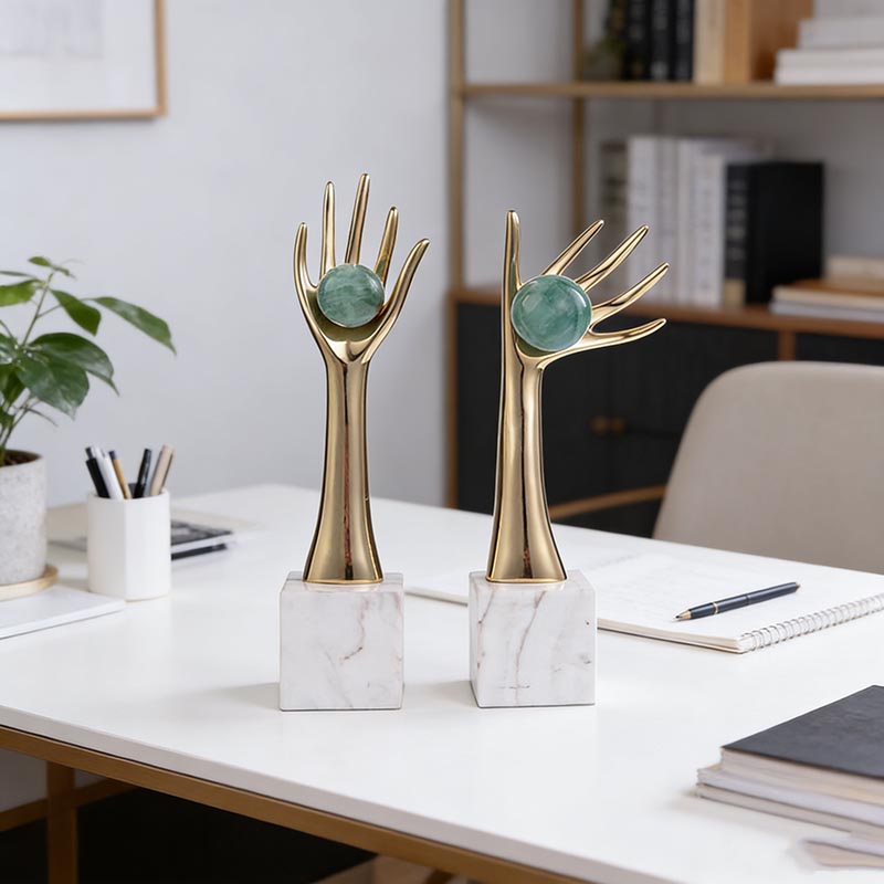 Elegant Gold Brass & Natural Blue Stone-Marble Hand Desktop Ornament Set (Left & Right Styles)