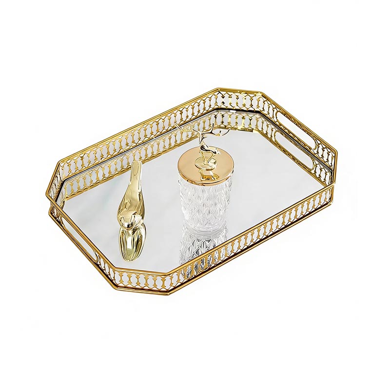 Gold Iron & Glass Mirror Tray Set (Round & Octagonal) - Image 6