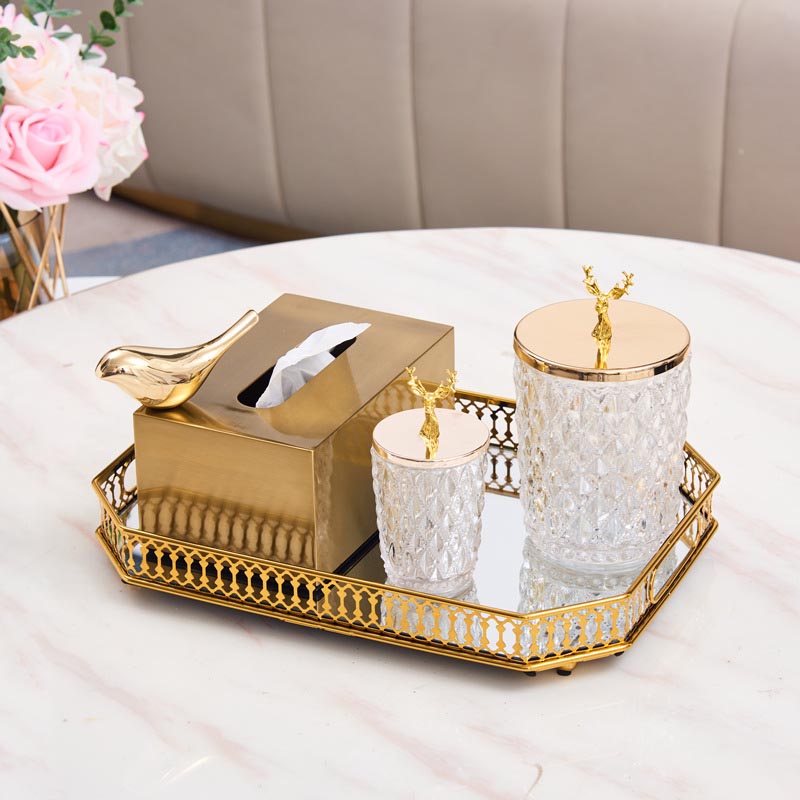 Gold Iron & Glass Mirror Tray Set (Round & Octagonal) - Image 4