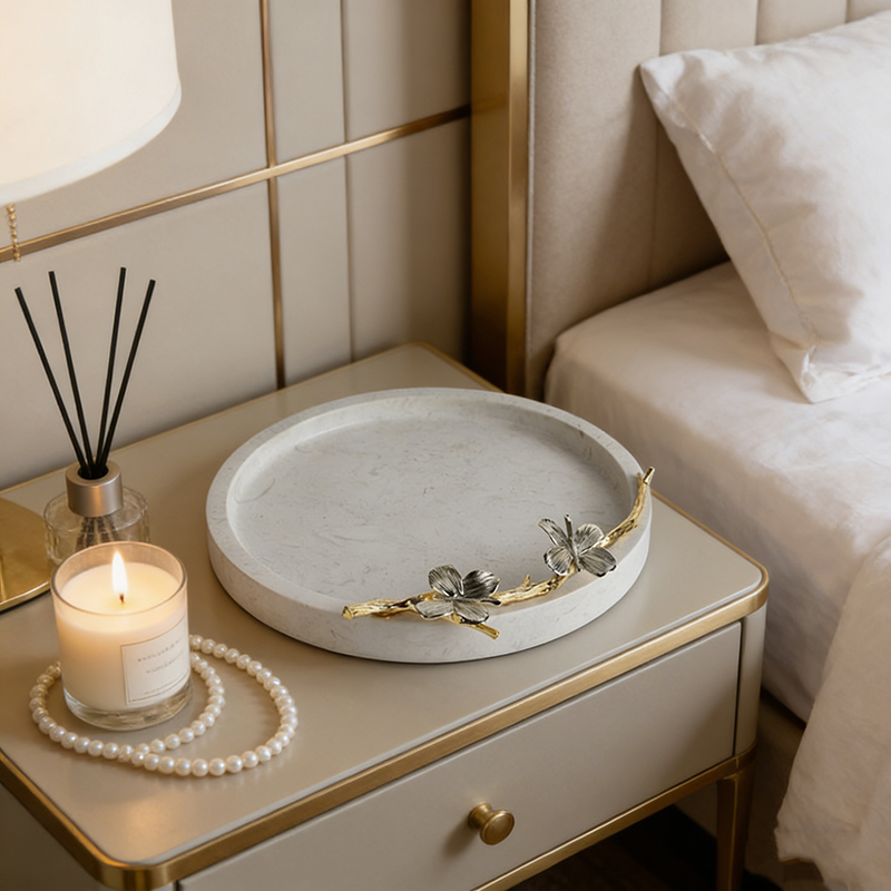 White Marble & Zinc Accent Tray Set (Rectangular & Round)