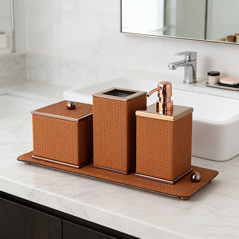 Stainless Steel & Quilted Leather Bathroom Accessory Set (2 Styles) - Image 6