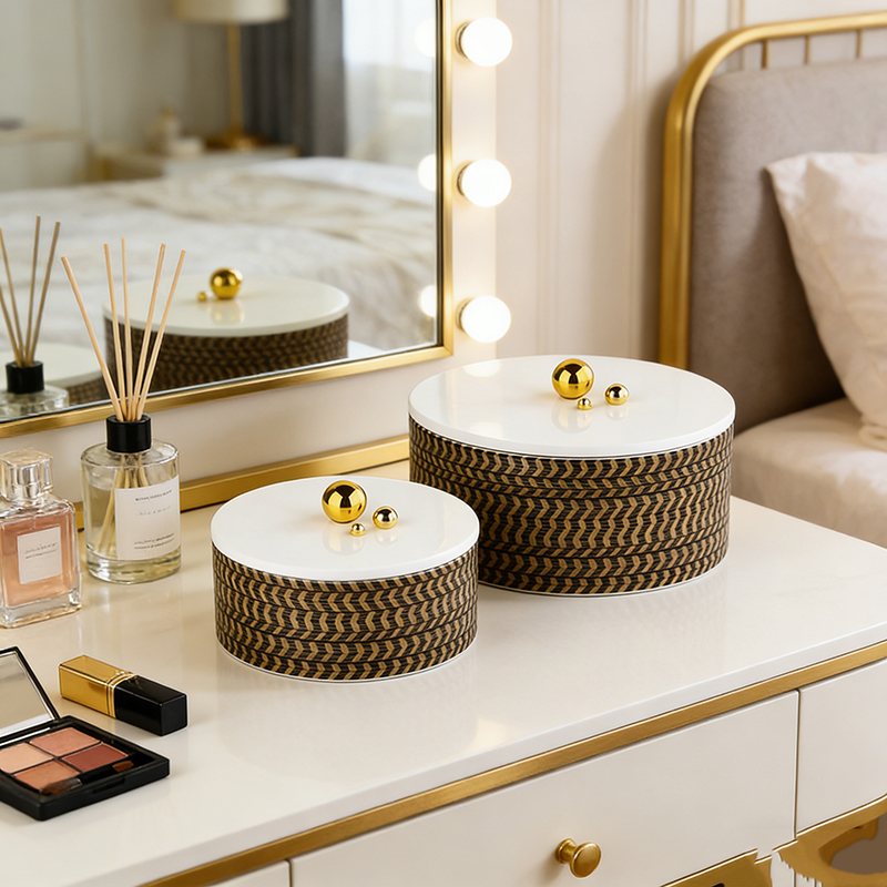 Modern Wood Storage Box Set With Gold Ball Accents (Two Sizes) - Image 2