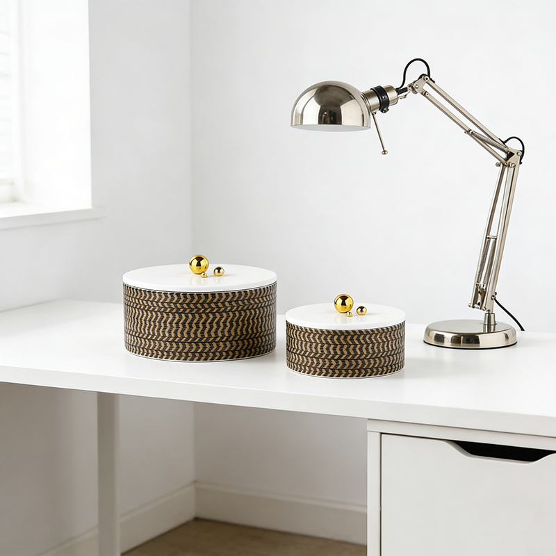 Modern Wood Storage Box Set With Gold Ball Accents (Two Sizes)