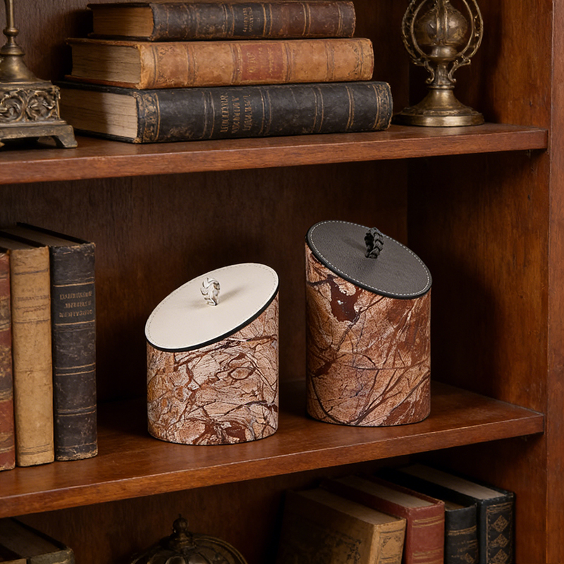 Exquisite Marble & Textured Leather Round shape Storage Box Set - Image 2