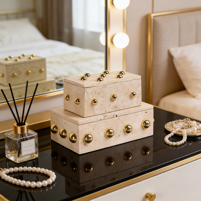 Modern Travertine Storage Box Set With Gold Metal Accents (Two Sizes)