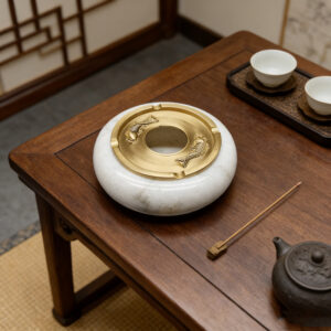 Koi-Embossed Brass & Marble Ashtray Set (3 Natural Stone Variations)