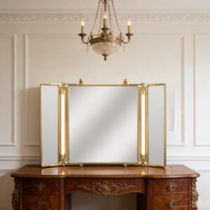 Vintage Brass Tri-Fold Illuminated Wall Mirror Collection (3 Sizes)