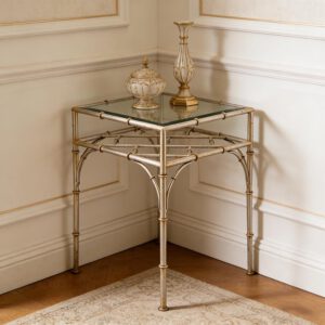 Bamboo-Frame Iron & Tempered Glass Accent Table Set (Square & Round Designs)